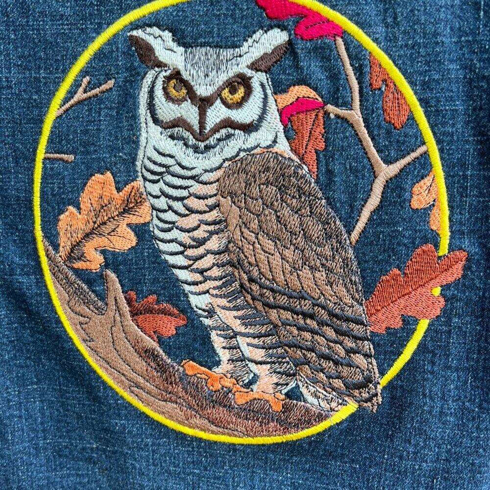 Live A Little Blue Denim Jean Jacket Petite XL PXL Custom Embroidered Owl